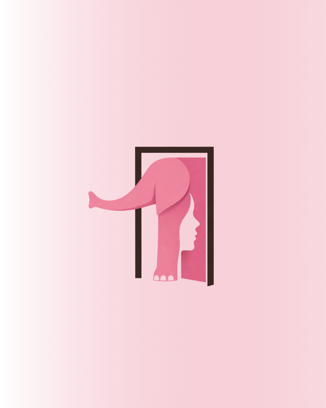 Illustration of a pink elephant stepping through an open doorway, its ear forming a woman's profile