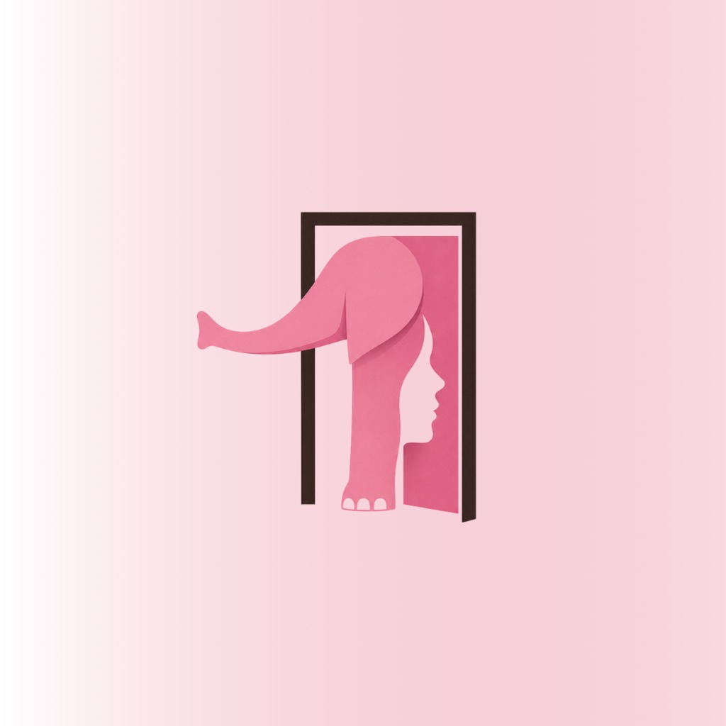 Illustration of a pink elephant stepping through an open doorway, its ear forming a woman's profile