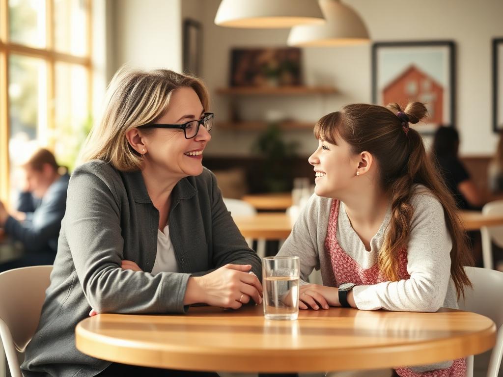 A mentor and a young woman talking over coffee